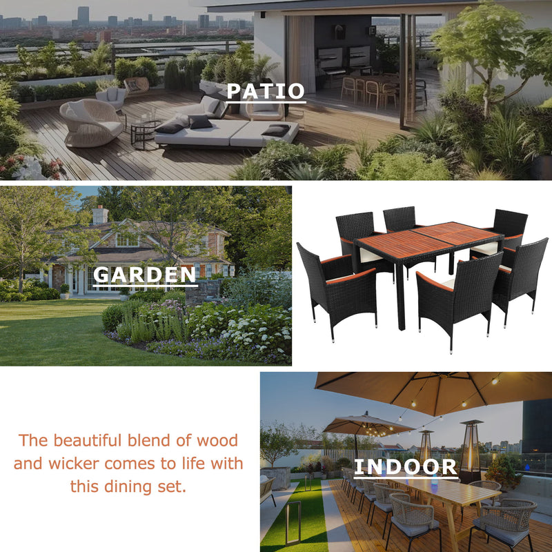 Outdoor Patio Dining Set, Garden PE Rattan Wicker Dining Table And Chairs Set, Acacia Wood Tabletop, Stackable Armrest Chairs With Cushions