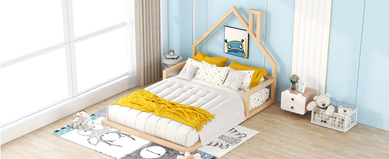 Full Size Wood Floor Bed with House-shaped Headboard, Natural