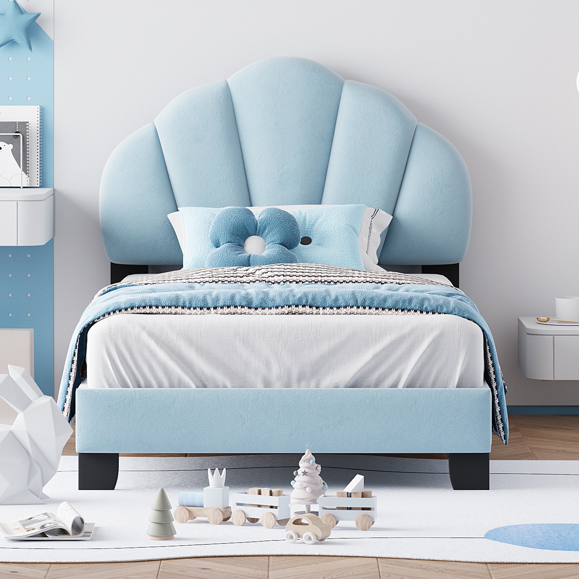 Twin Size Upholstered Velvet Platform Bed with Shell-Shaped Headboard, Blue - Atlantic Fine Furniture Melbourne FL