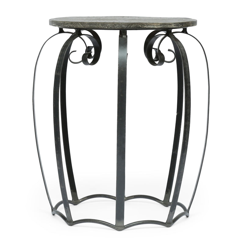 Modern Industrial End Table With Mango Wood Top And Iron Frame - Gray