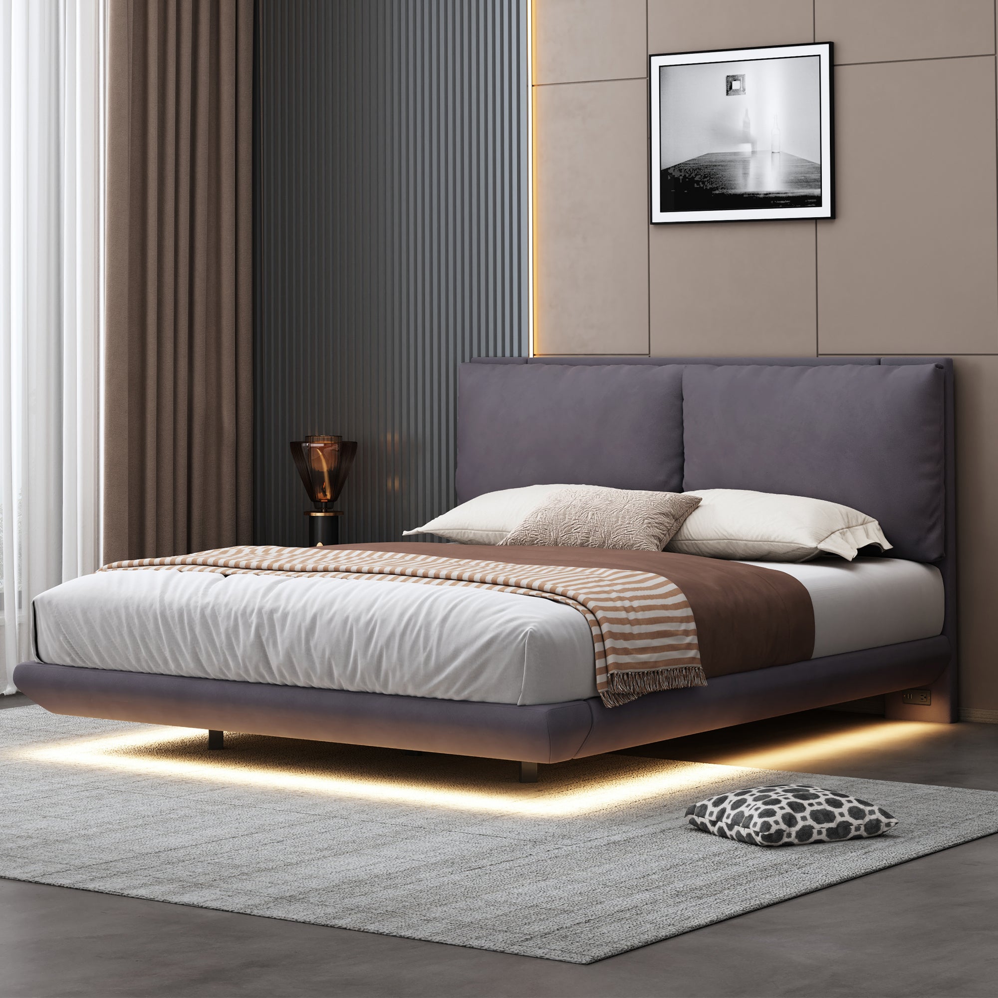 Queen Size Upholstered Platform Bed with Sensor Light and 2 Large Backrests, Stylish Platform Bed with 2 sets of USB Port and Socket on each rear Bed Leg, Gray - Atlantic Fine Furniture Melbourne FL