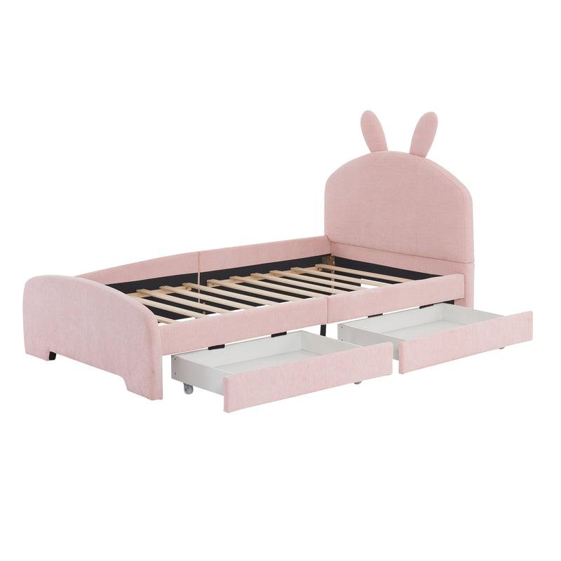 Twin Size Upholstered Platform Bed with Cartoon Ears Shaped Headboard and 2 Drawers, Pink