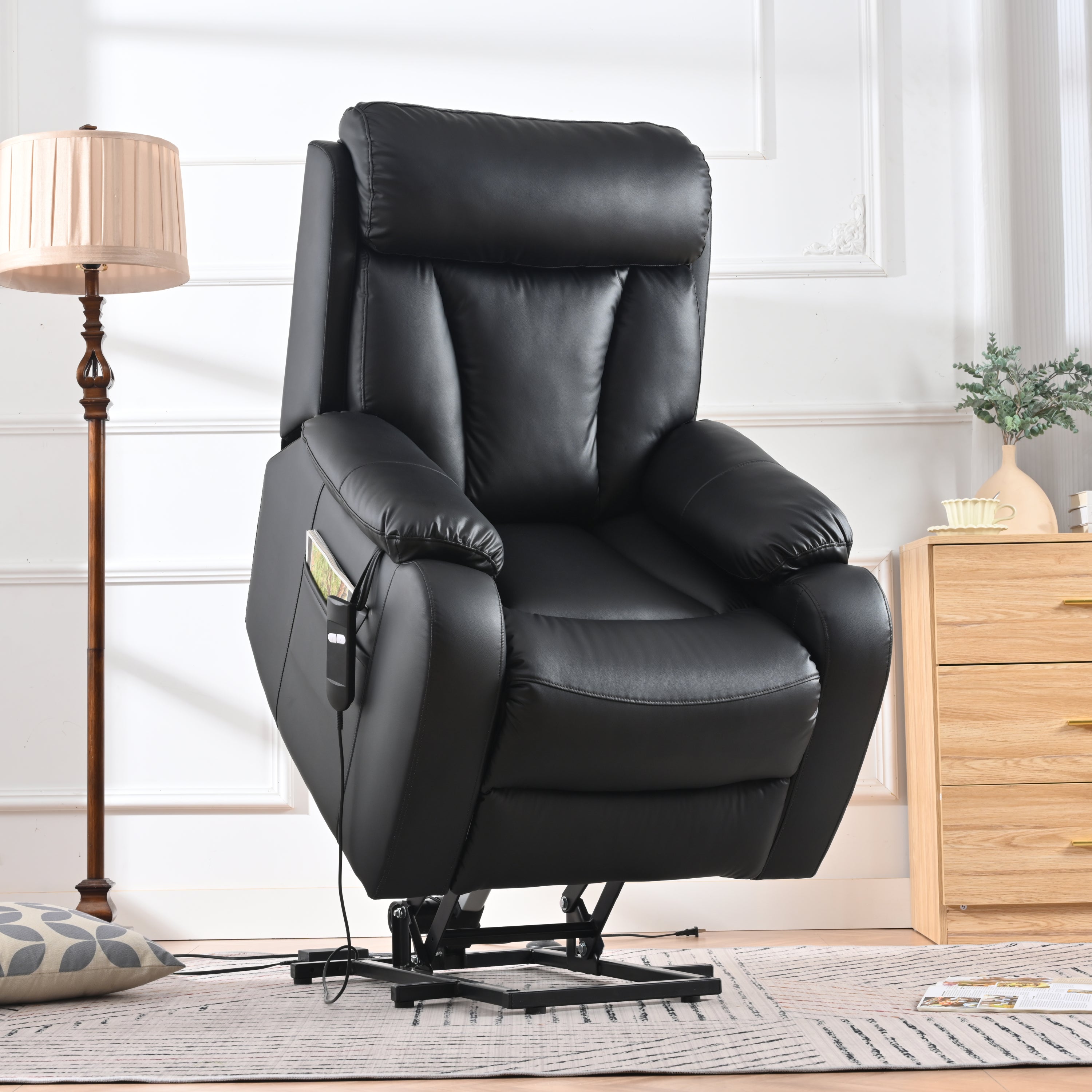Electric Power Lift Recliner Chair for Elderly, PU Recliner Chair for Seniors, Home Theater Seating,Living Room Chair,Side Pocket, Remote Control (Black PU) - Atlantic Fine Furniture Melbourne FL