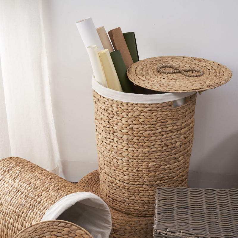 Ludmilla Round Tall Water Hyacinth Woven Wicker Laundry Hamper With Lid - For Clothes, Canvas, Toys And Book Storage With Removable Liner - 18" X 18" X 23" - Natural Brown
