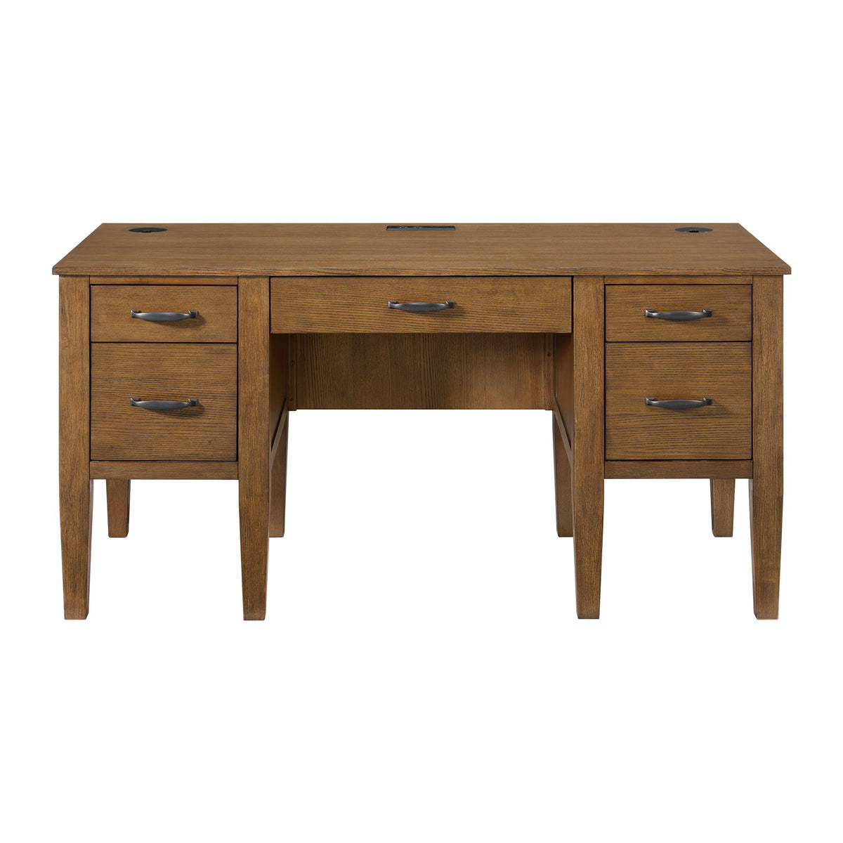 Portico Half Pedestal Desk With Power / USB in Brown Oak by Elements International, view 4
