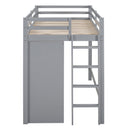 Twin size Loft Bed with Drawer, Two Wardrobes and Mirror, Gray