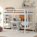 Full size Loft Bed with Desk and Writing Board, Wooden Loft Bed with Desk & 2 Drawers Cabinet- White