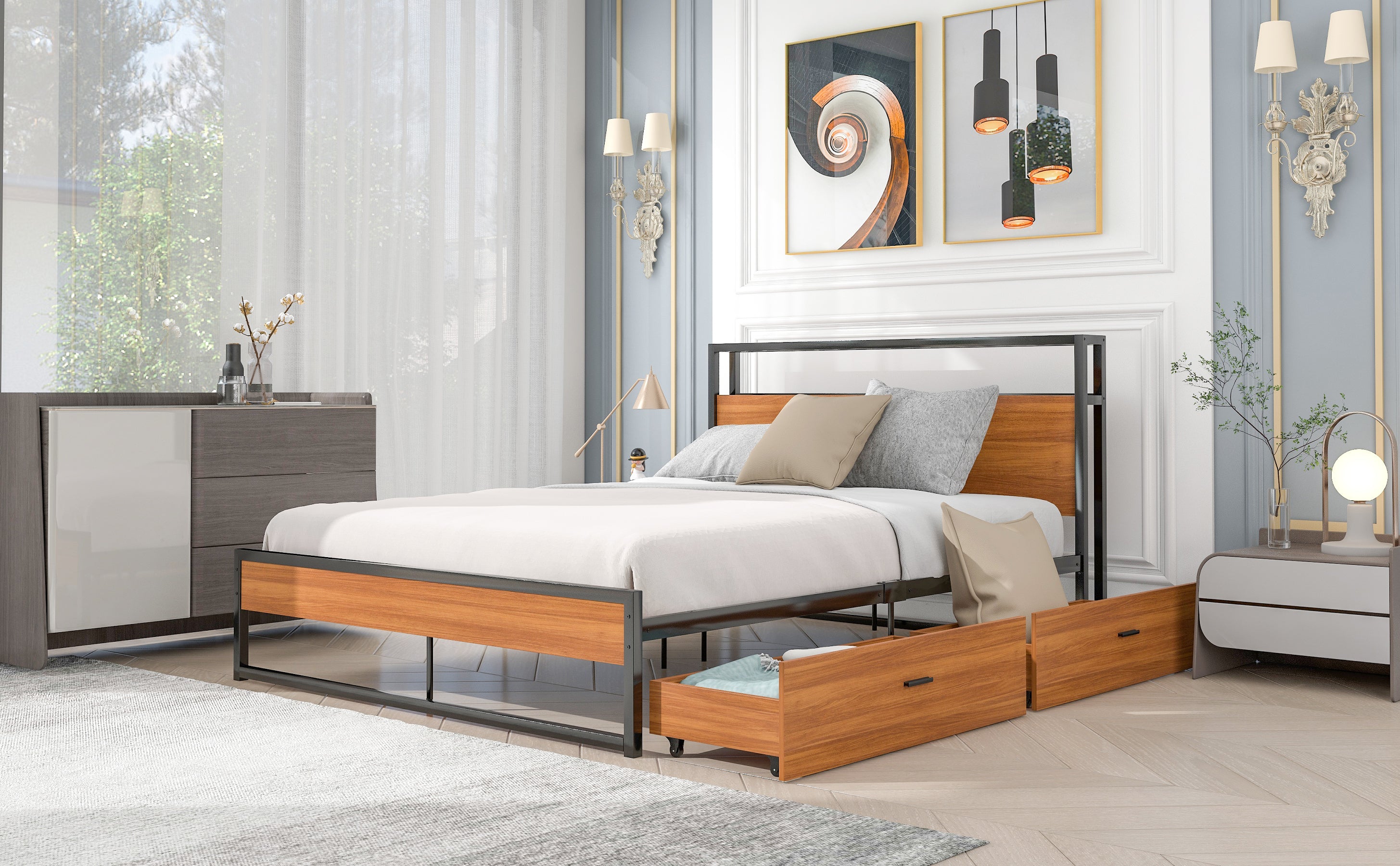 Queen Size Metal Platform Bed Frame with Two Drawers,Sockets and USB Ports ,Slat Support No Box Spring Needed Black - Atlantic Fine Furniture Melbourne FL