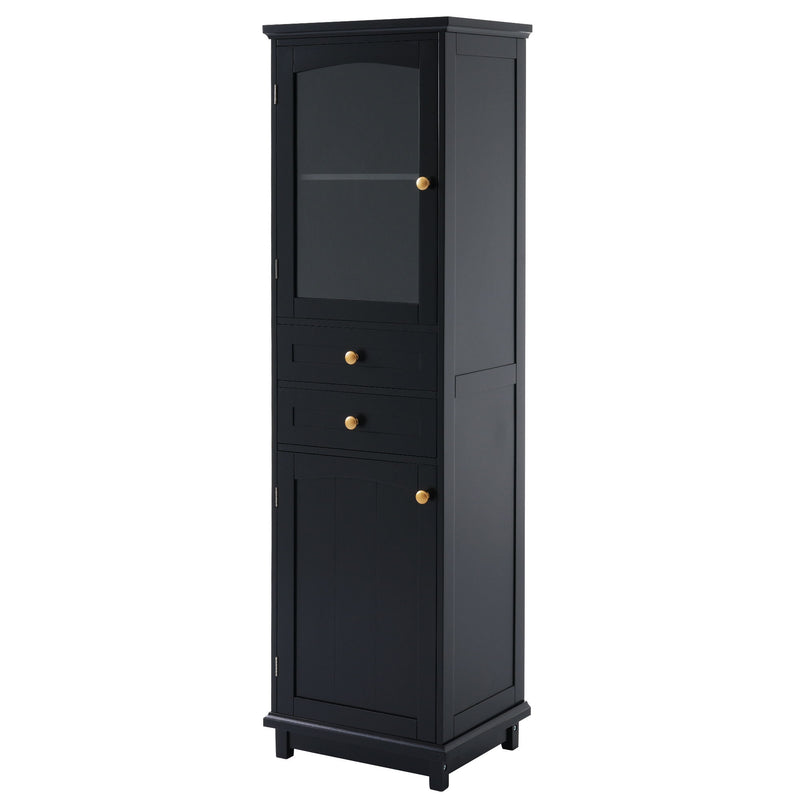 Tall Bathroom Storage Cabinet With Glass Doors, Free-Standing, Two Drawers, And Adjustable Shelves, MDF Board, Painted Perfect For Displaying Your Favorite Items