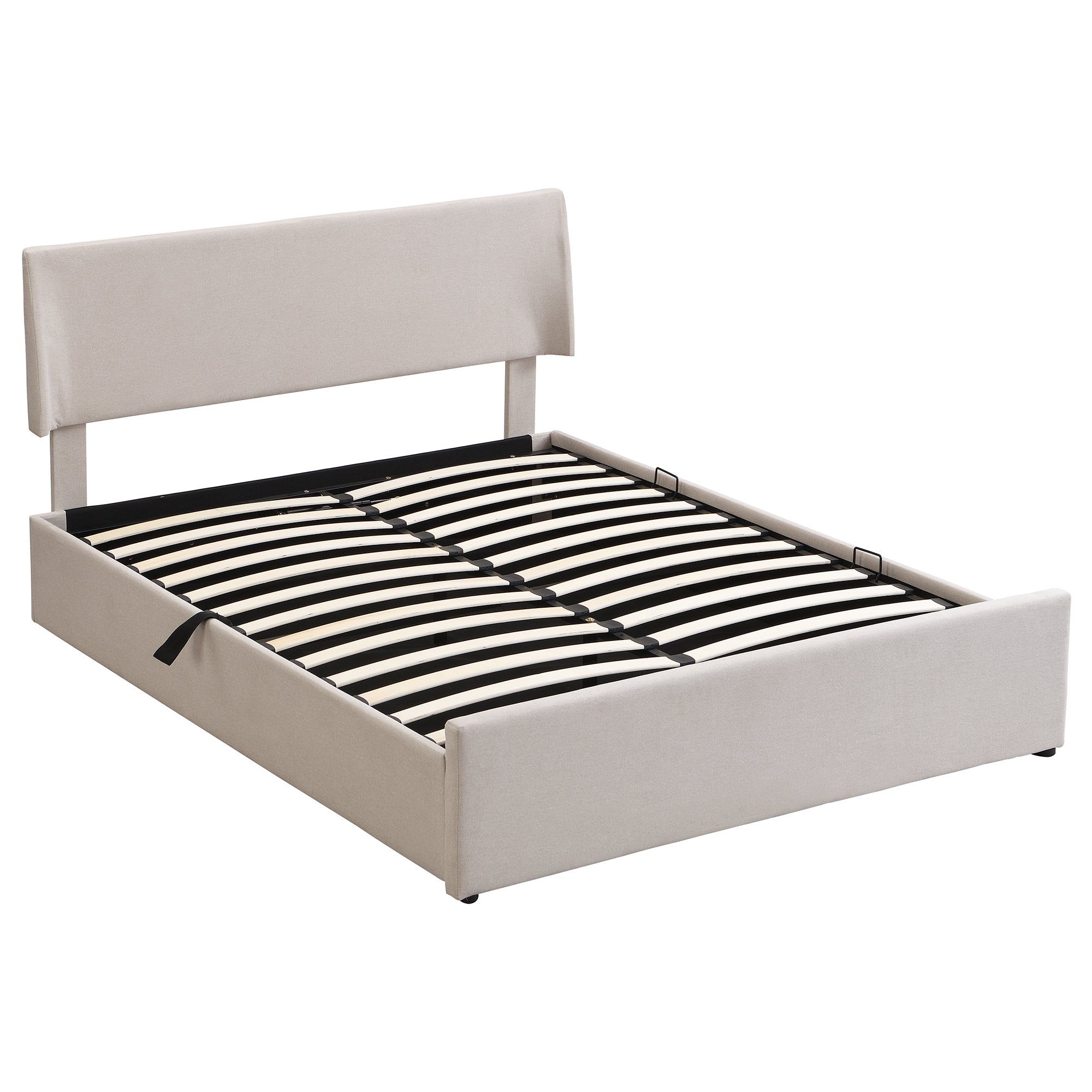 Queen Size Sleigh Bed with Side-Tilt Hydraulic Storage System, Linen Upholstery, Beige - Atlantic Fine Furniture Melbourne FL