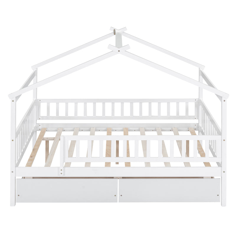 Full Size Wooden House Bed with Two Drawers, White