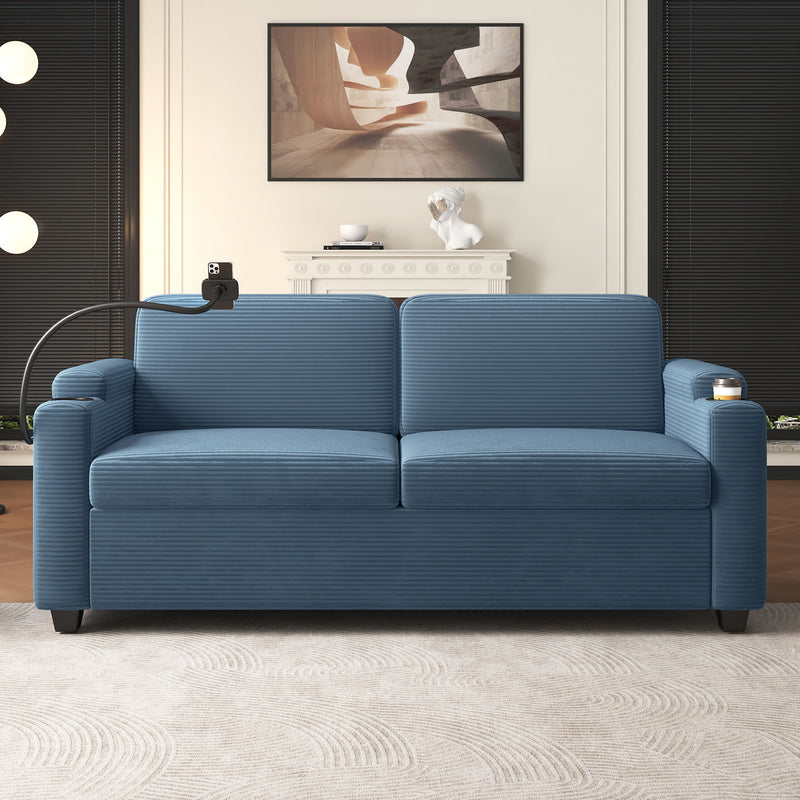 Corduroy Sleeper Sofa Loveseat Sofa With Full Size Mattress, 2 USB Ports, 2 Cup Holders, 2 Side Pockets And Phone Holder