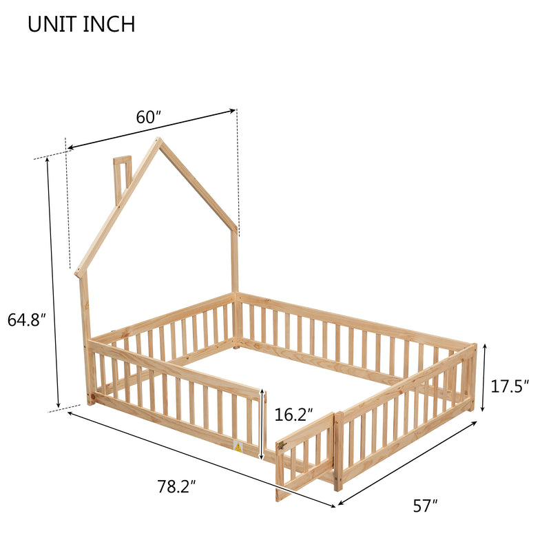 Full House-Shaped Headboard Floor Bed with Fence,Natural