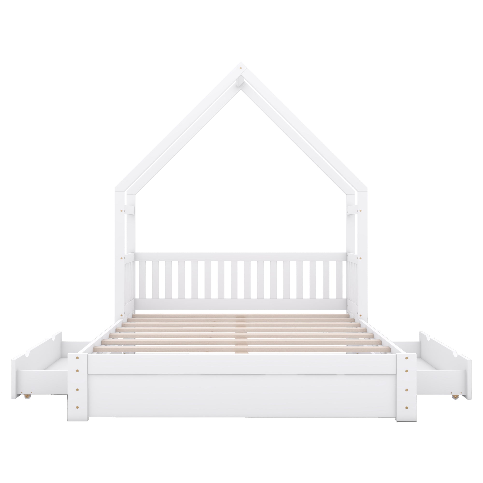 Wood Queen Size House Platform Bed with Guardrail and 2 Drawers, White (Expected Arrival Time:4.26) - Atlantic Fine Furniture Melbourne FL