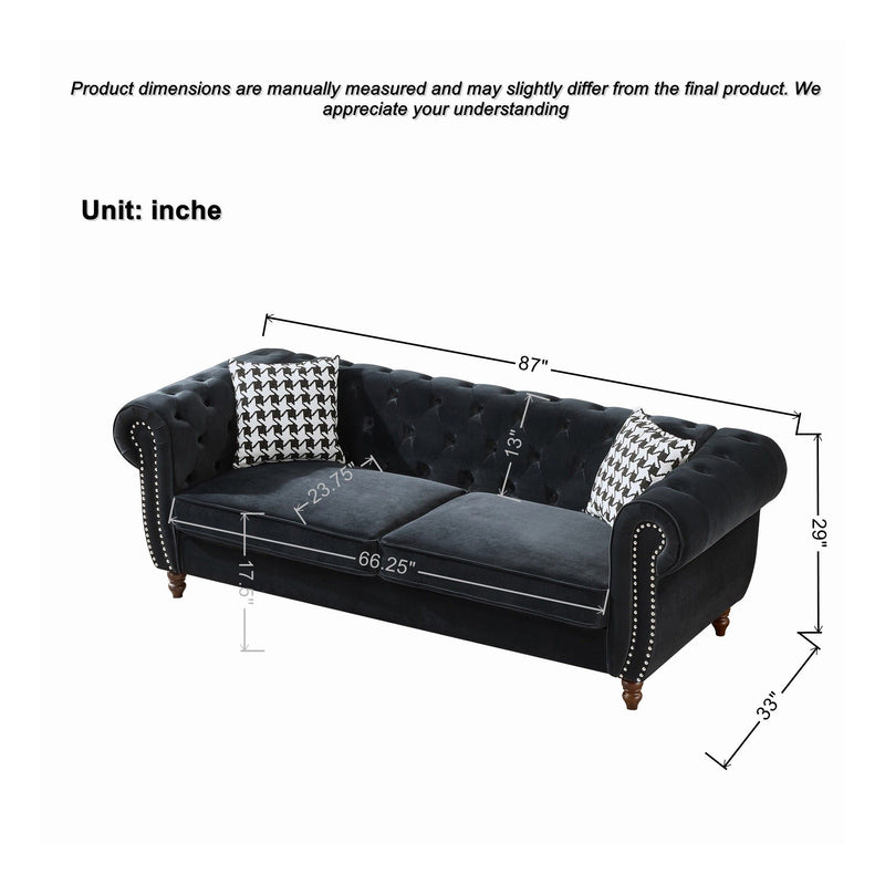 Chesterfield 3 And 2 Seater Velvet Upholstery Sofa With Roll Armrest & Nailhead Fabric Couch