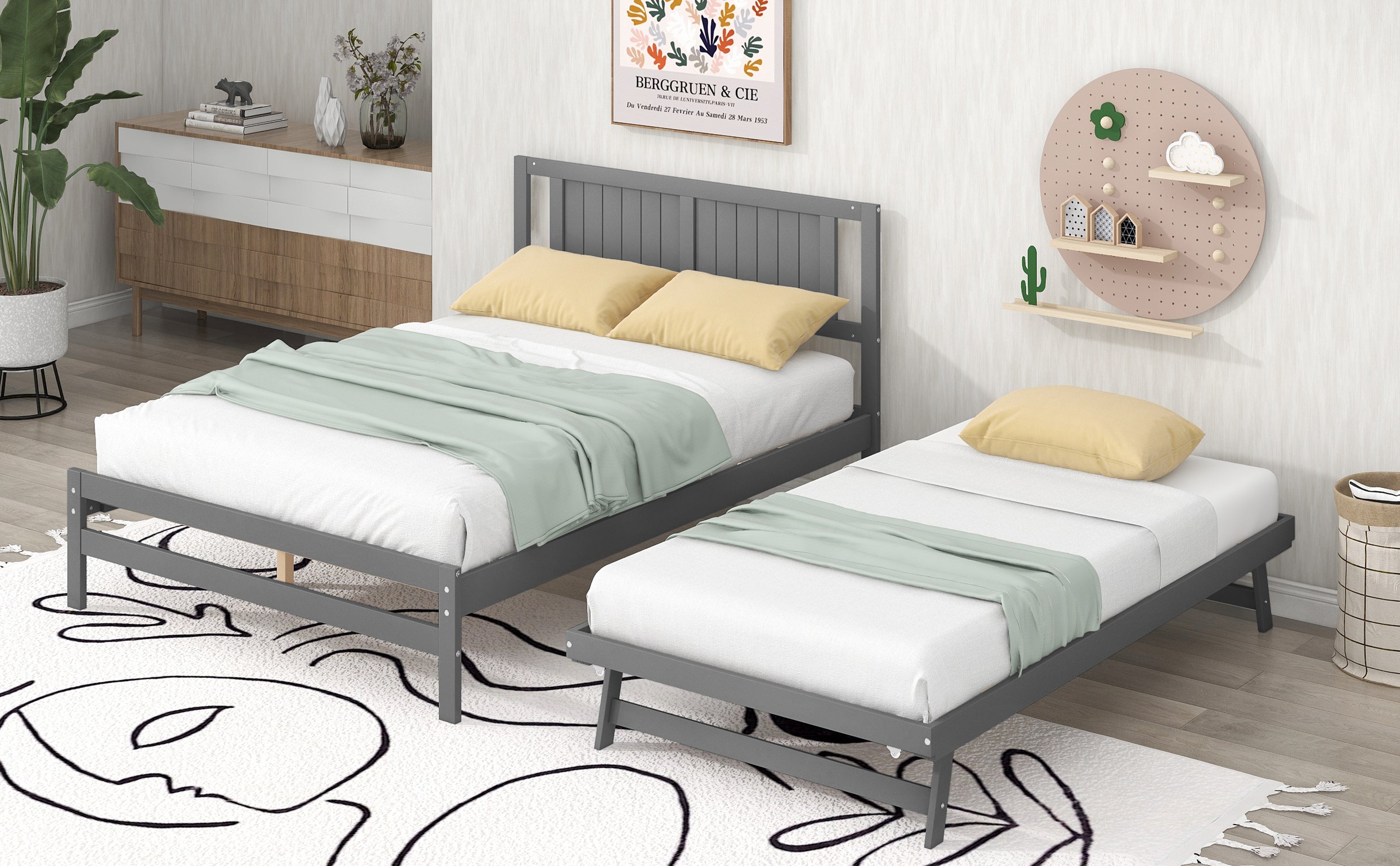 Full Size Platform Bed with Adjustable Trundle,Gray(Old SKU:SM000248AAE)