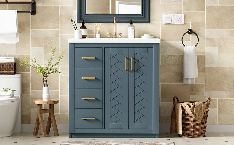 Ceramic Sink Combo, Freestanding Vanity Set With 3 Drawers & Soft Closing Doors
