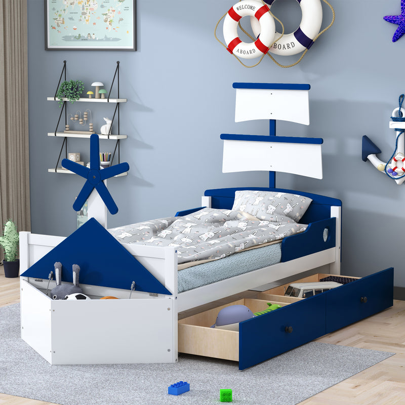 Twin Size Boat-Shaped Platform Bed with 2 Drawers ,Twin Bed with Storage for Bedroom,Blue