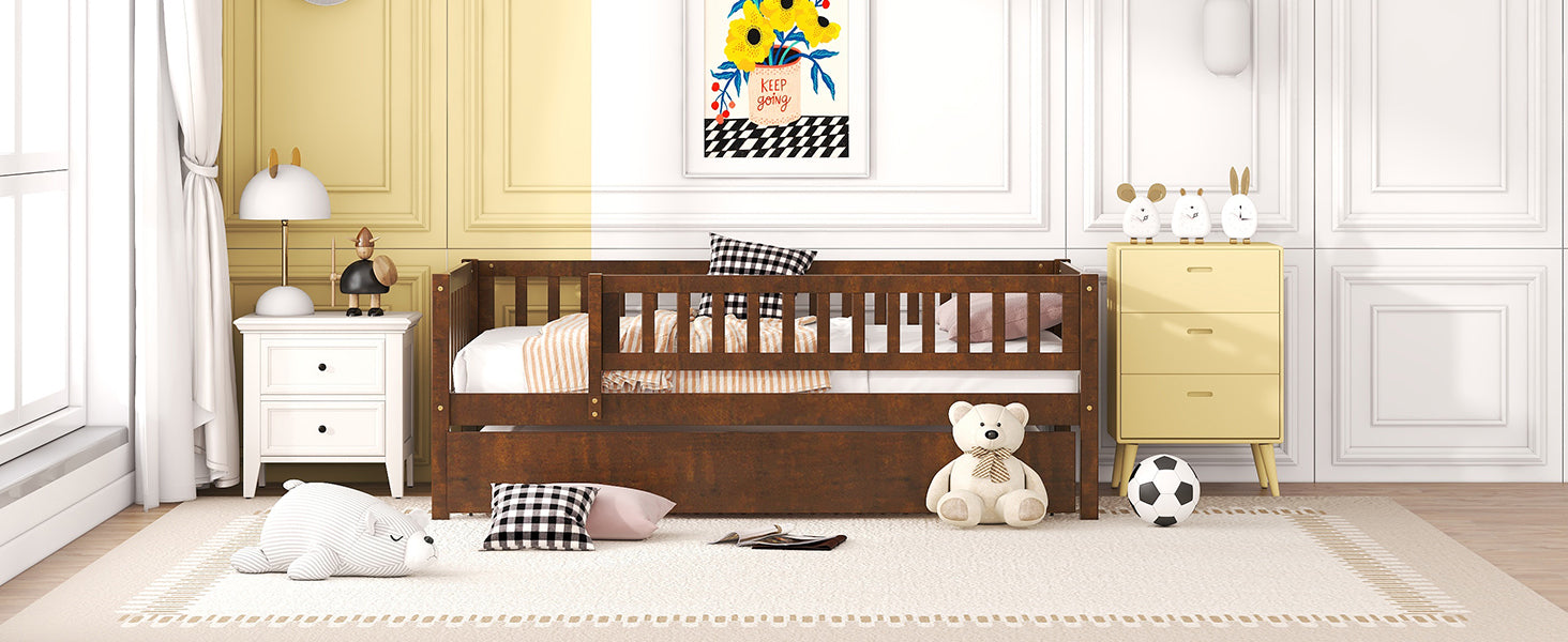 Twin Size Wood Daybed with Trundle and Fence Guardrails, Walnut - Atlantic Fine Furniture Melbourne FL