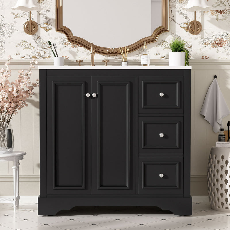 Bathroom Vanity With Sink, Soft-Close Doors, Adjustable U-Shelf, 3 Drawers