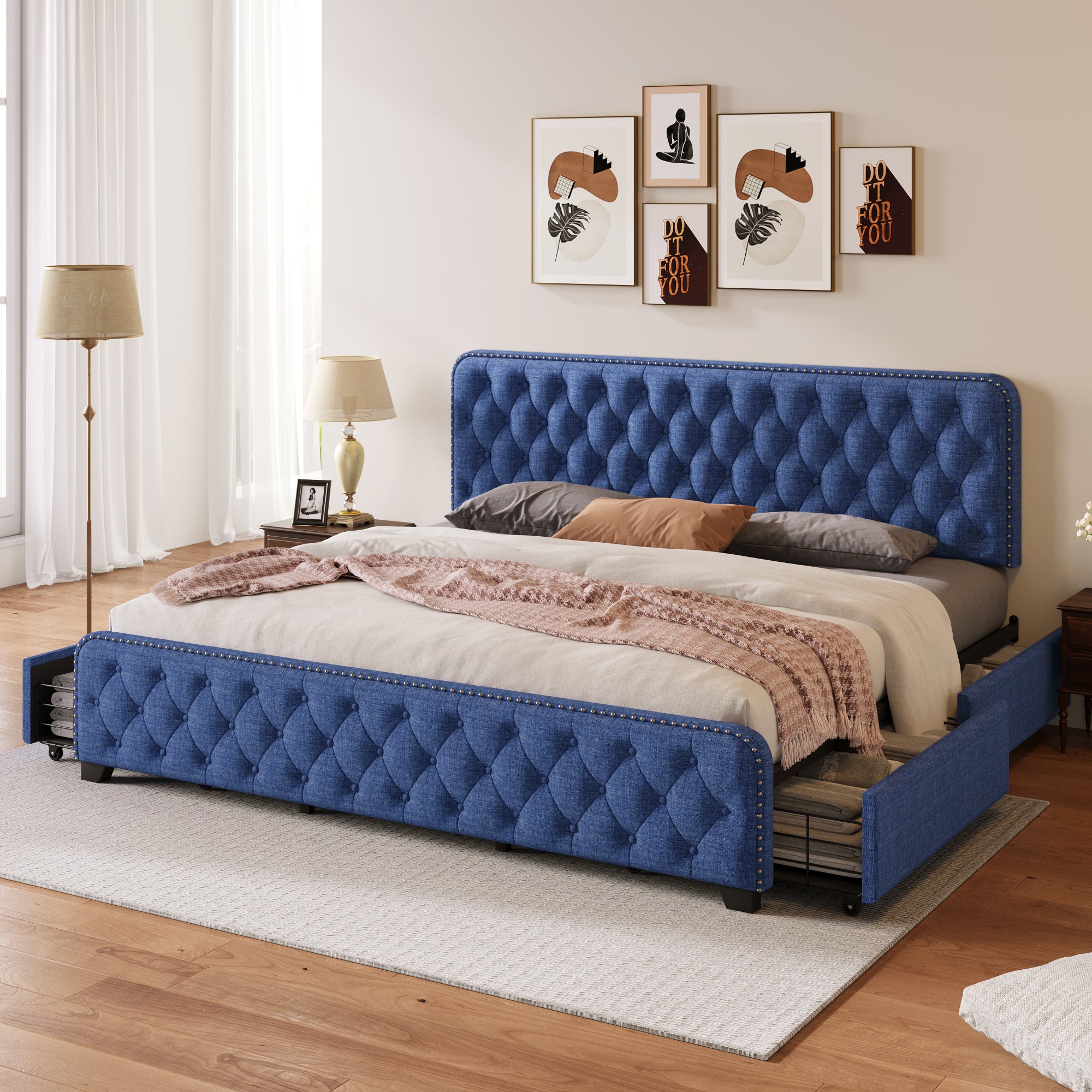 Upholstered Platform Bed Frame with Four Drawers, Button Tufted Headboard and Footboard Sturdy Metal Support, No Box Spring Required, Blue, King (Old sku: BS300277AAC) - Atlantic Fine Furniture Melbourne FL