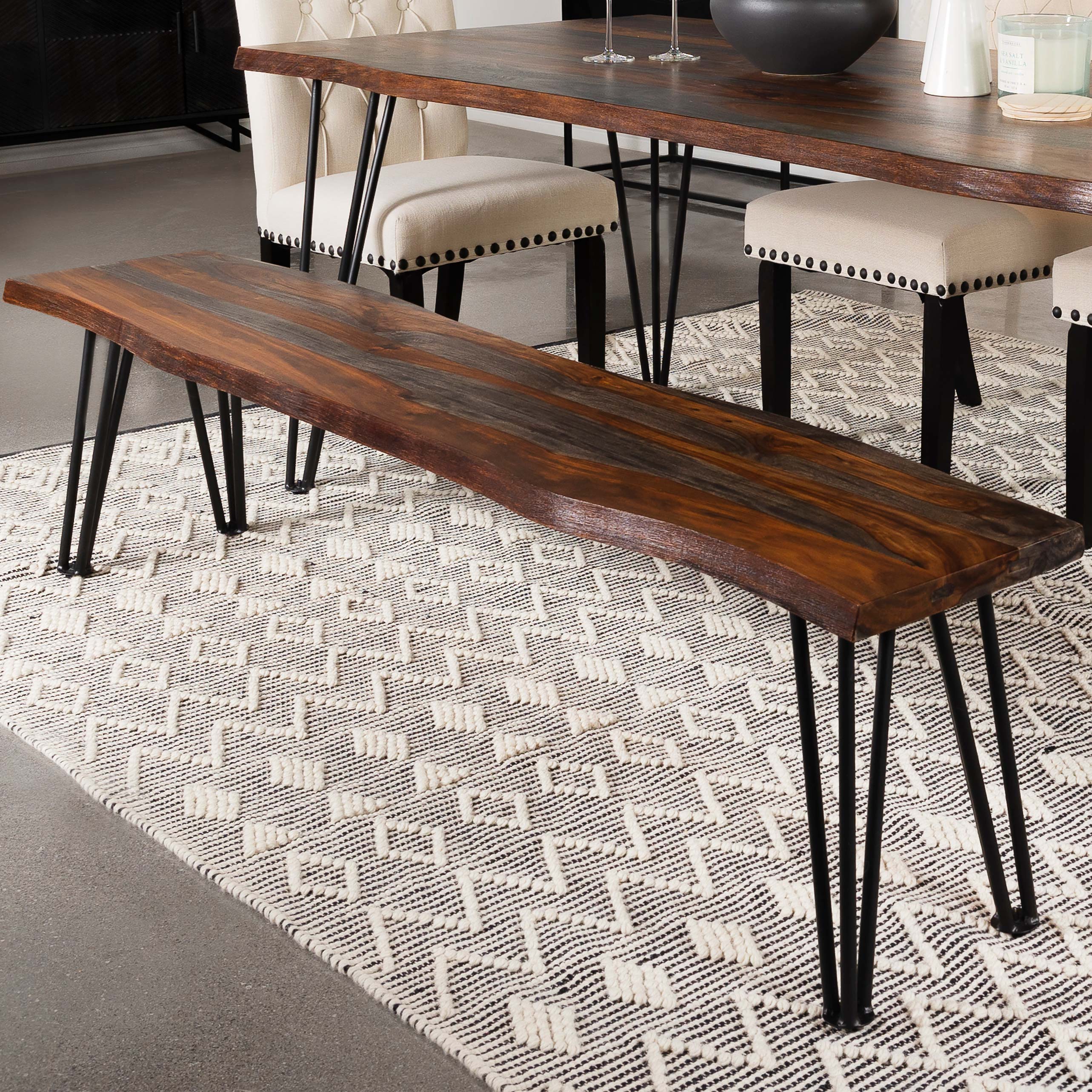 Neve Live Edge Wood Dining Bench Hairpin Legs Grey Sheesham — view 2