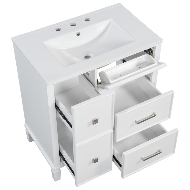 Bathroom Vanity With Ceramic Sink, Flip Out Drawer Design For Plumbing, Soft Close Drawers