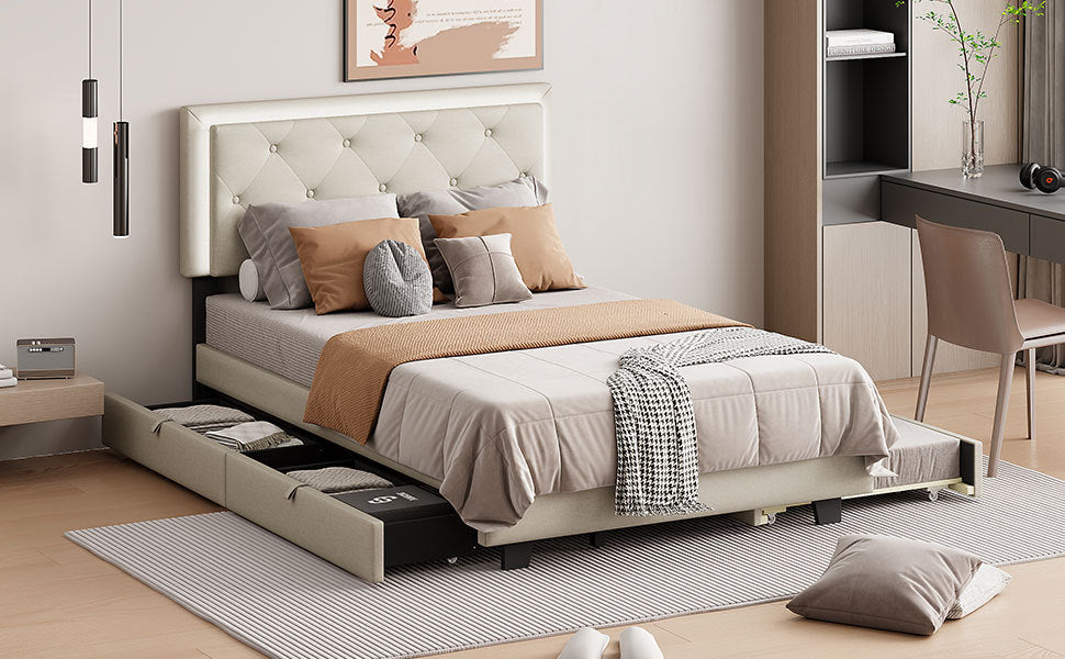 Full Size Velvet Storage Platform Bed, with 2 Big Drawers, T Size Trundle and LED Light, Beige - Atlantic Fine Furniture Melbourne FL