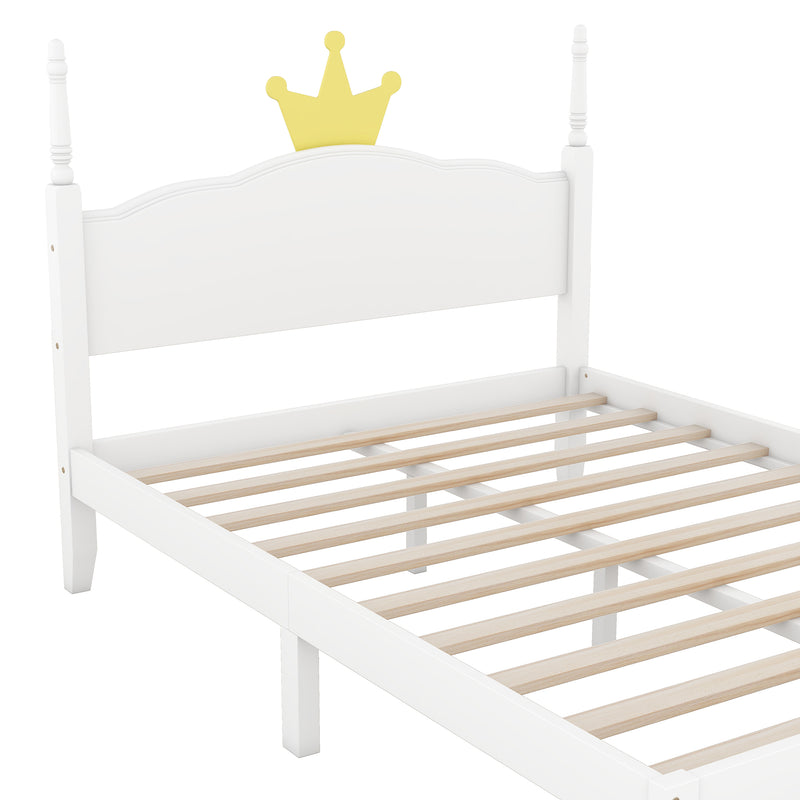 Full Size Wood Platform Bed with Crown Shaped Headboard, White