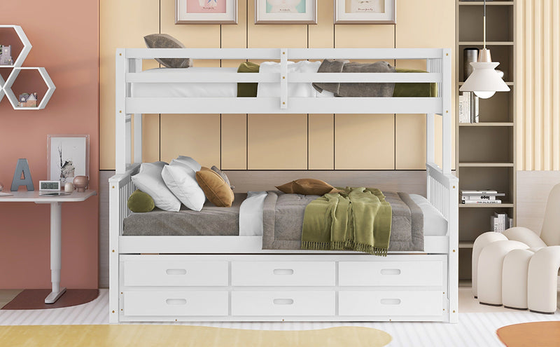 Twin-Over-Full Bunk Bed with Twin size Trundle , Separable Bunk Bed with Drawers for Bedroom - White