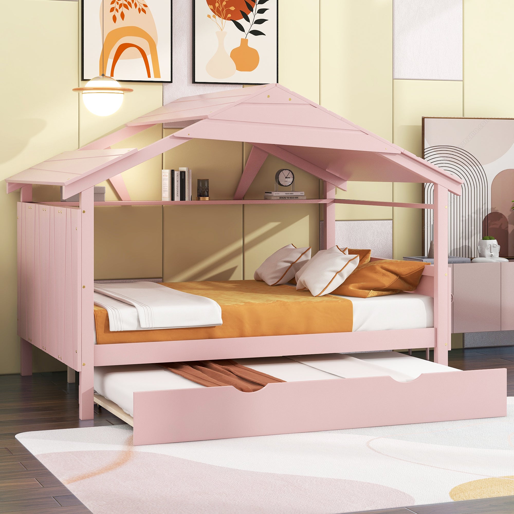 Wood Full Size House Bed with Twin Size Trundle and Storage, Pink - Atlantic Fine Furniture Melbourne FL