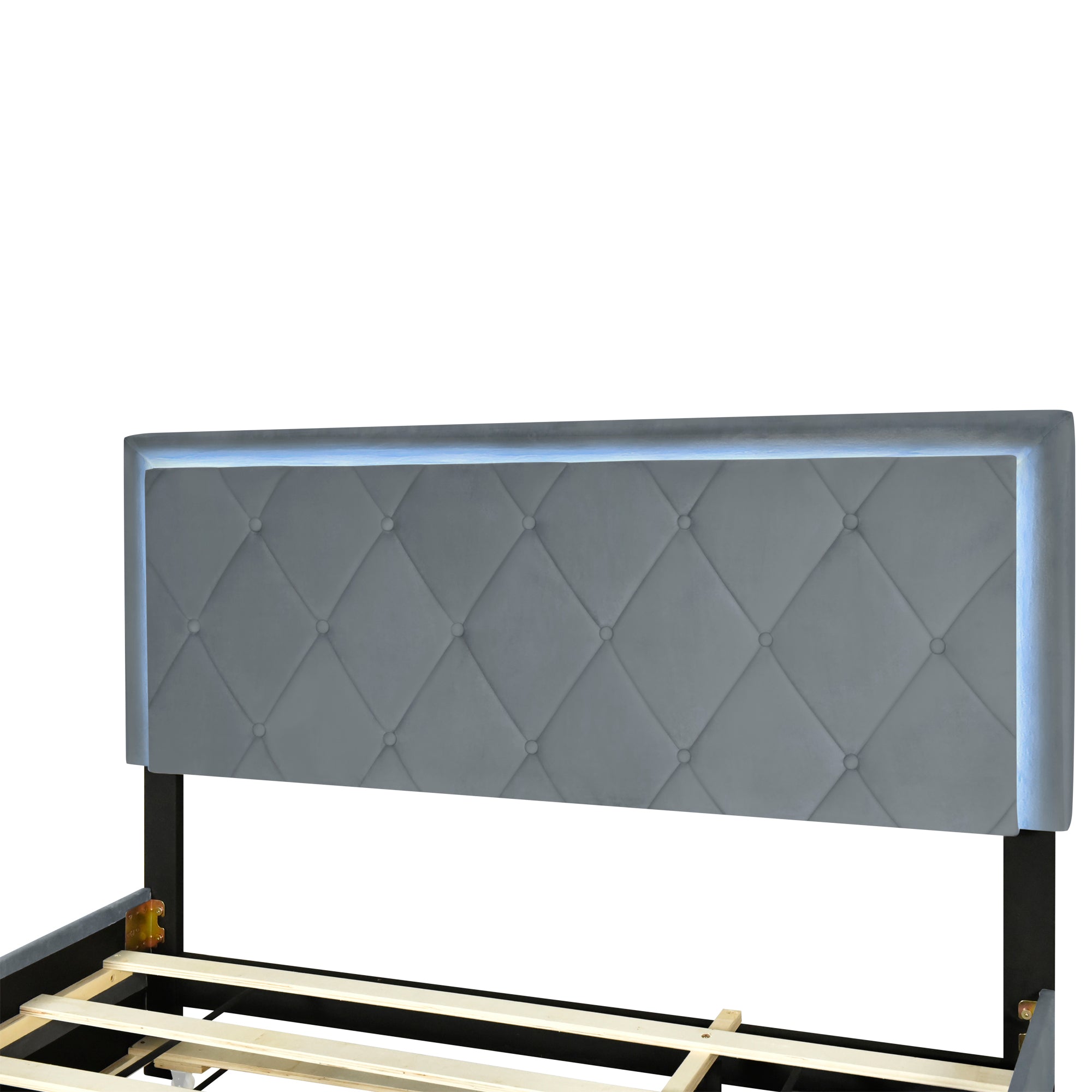 Queen Size  Velvet Storage Platform Bed, with 2 Big Drawers, Twin XL Size Trundle and LED Light, Gray