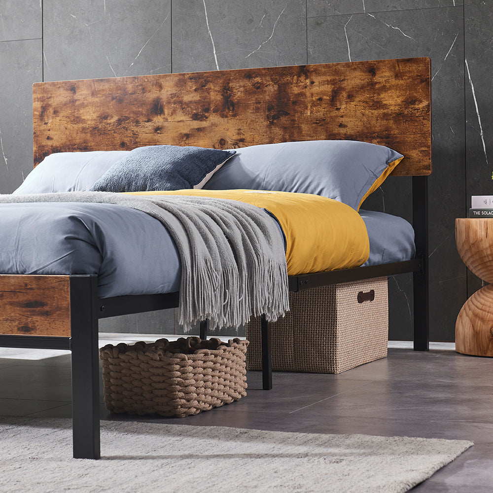 Queen Size Metal Platform Bed Frame with Wooden Headboard and Footboard, No Box Spring Needed, Large Under Bed Storage, Easy Assemble - Atlantic Fine Furniture Melbourne FL