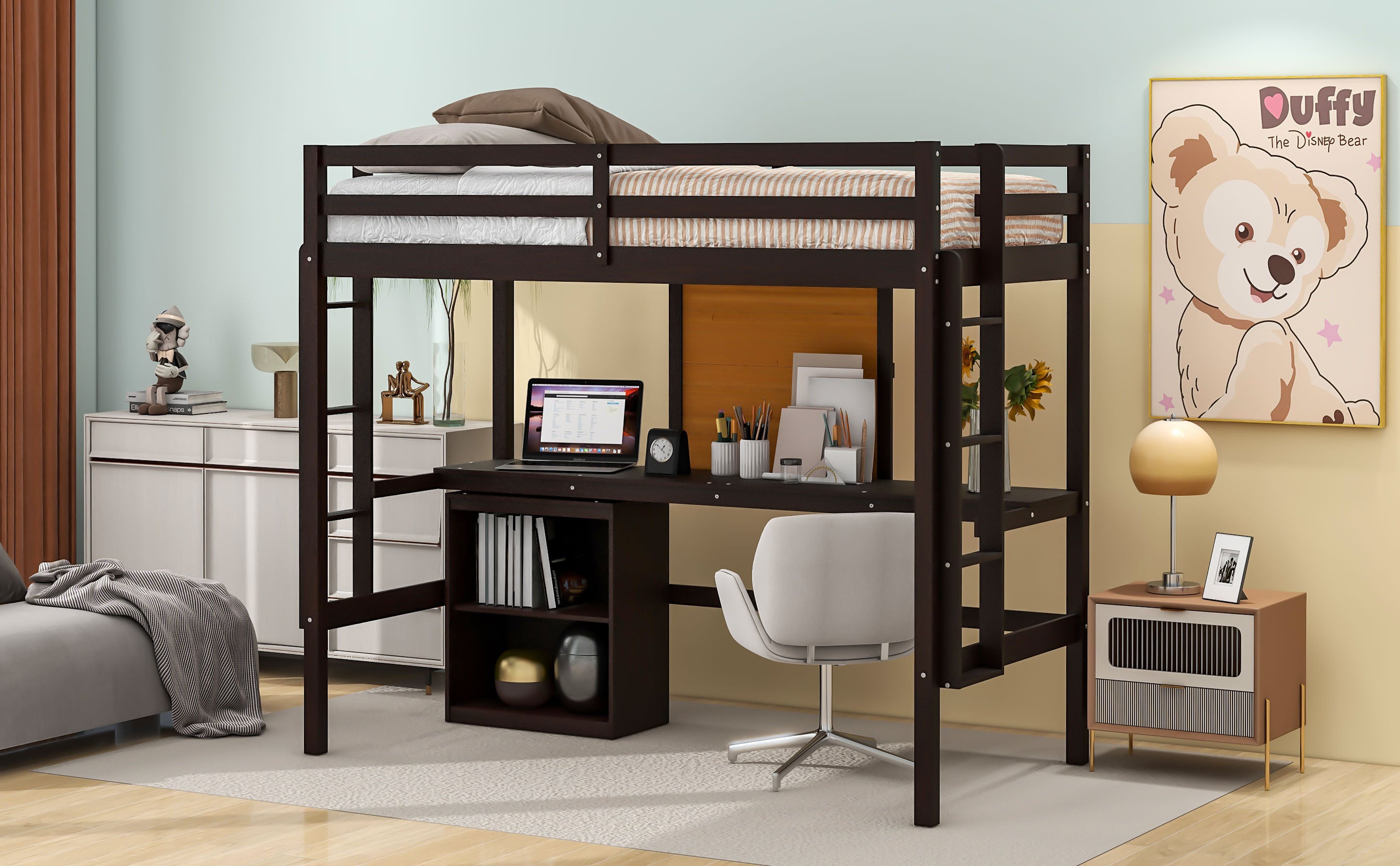 Twin size Loft Bed with Desk and Writing Board, Wooden Loft Bed with Desk & 2 Drawers Cabinet- Espresso - Atlantic Fine Furniture Melbourne FL