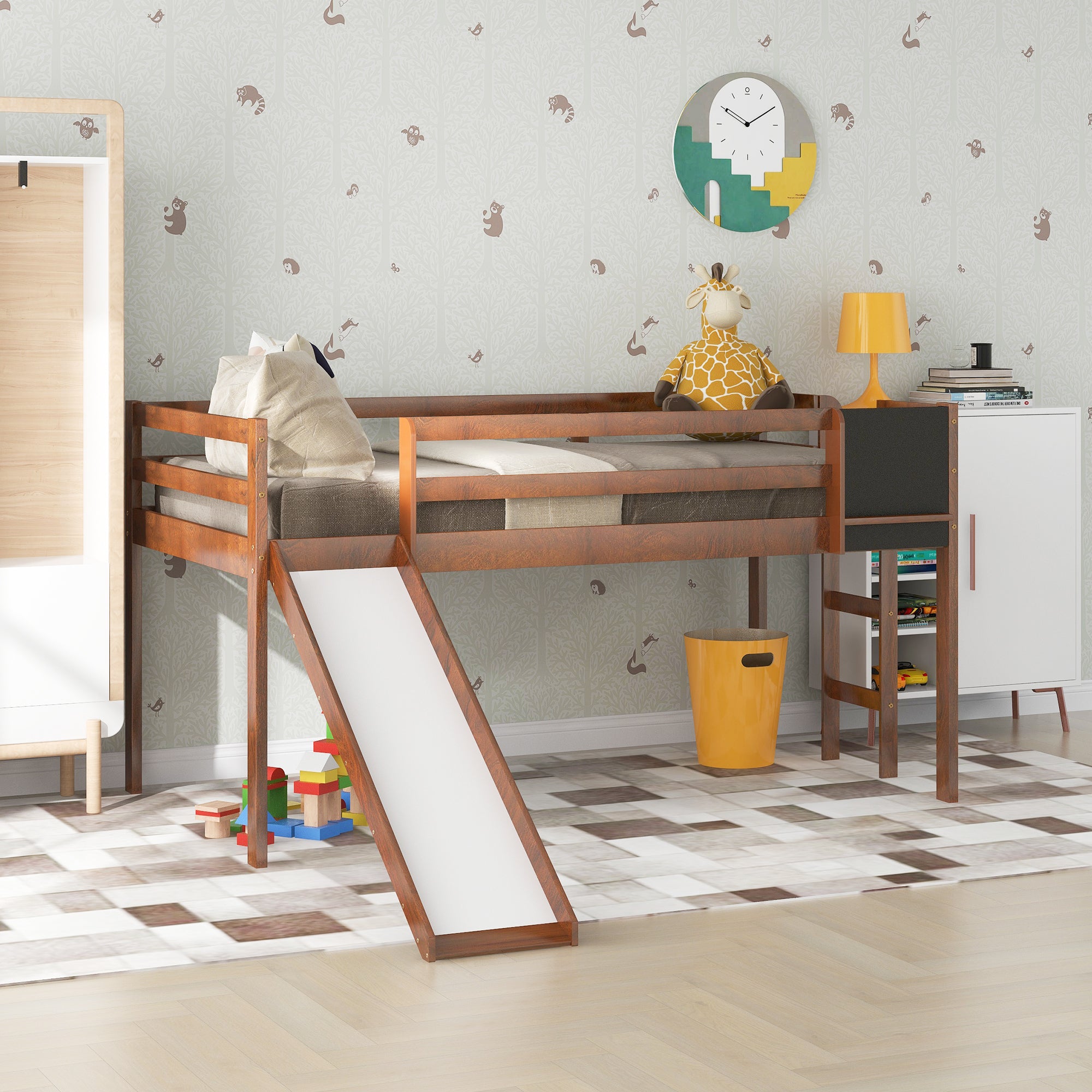 Twin size Loft Bed Wood Bed with Slide, Stair and Chalkboard,Walnut(OLD SKU :WF282115AAL) - Atlantic Fine Furniture Melbourne FL