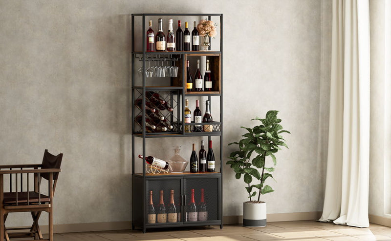 Industrial Tall Black Bar Wine Rack Cabinet With Glass Holder Wood Home Bar Cabinet Walnut Black Atlantic Fine Furniture Inc