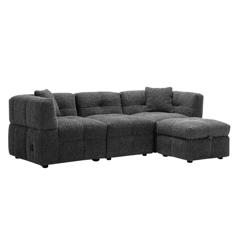 Sectional Sofa Cozy Teddy Fleece Sectional Sofa Couch With Two USB Ports A Movable Storage Ottoman And Two Lumbar Pillows For Living Room