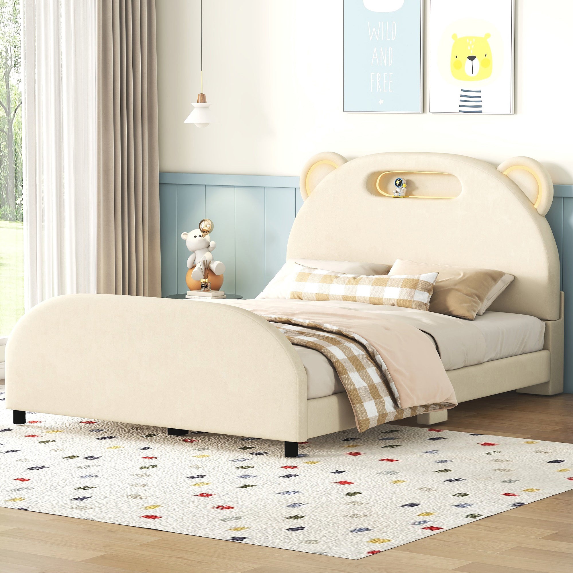 Full Size Upholstered Platform Bed with Bear-Shaped Headboard and Embedded Light Stripe, Velvet, Beige - Atlantic Fine Furniture Melbourne FL