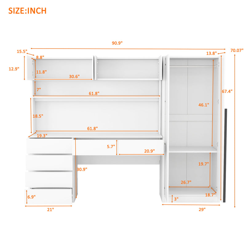 2 Door Wooden Storage Desk Wardrobe For Bedroom With Shelves And Drawers