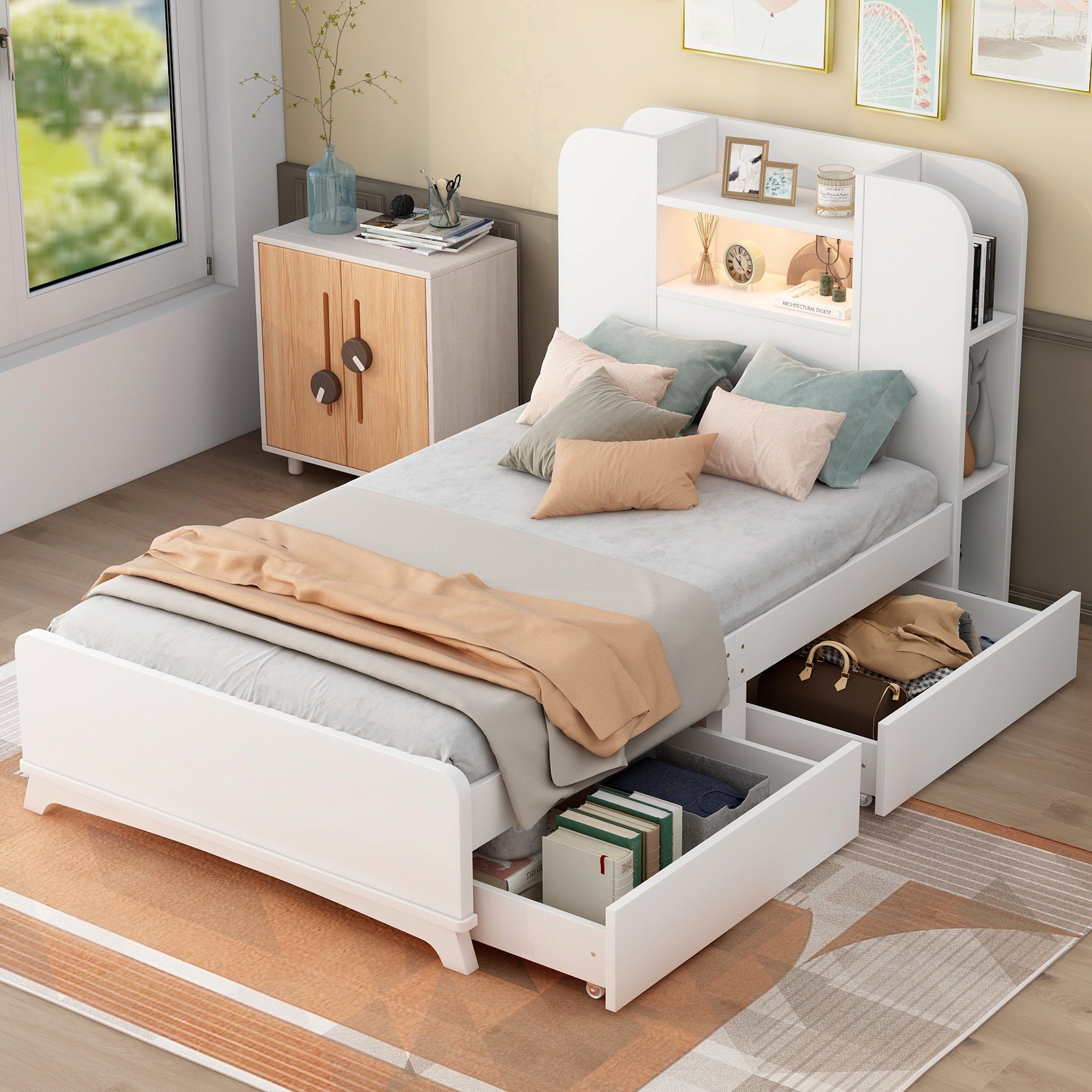 Twin Size Storage Platform Bed Frame with with Two Drawers and Light Strip Design in Headboard,White - Atlantic Fine Furniture Melbourne FL