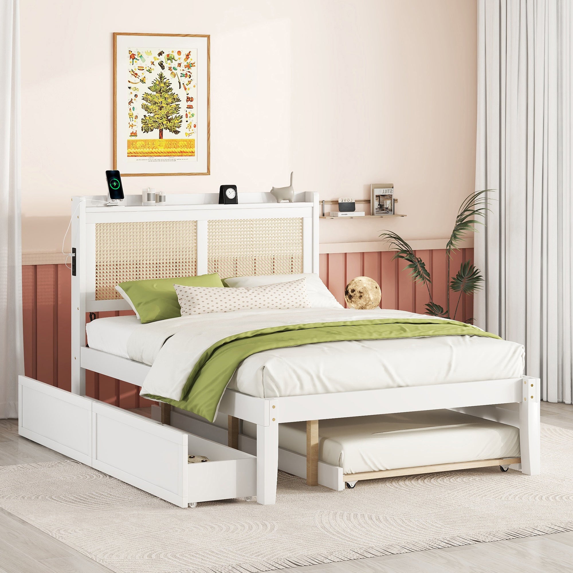 Full Size Elegant Bed Frame with Rattan Headboard and Sockets ,White - Atlantic Fine Furniture Melbourne FL
