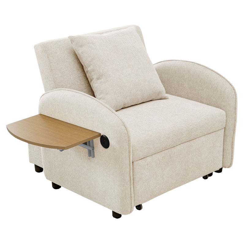 Convertible Single Chair Bed With Computer Board And USB Ports, 3 In 1 Sofa Bed - Beige