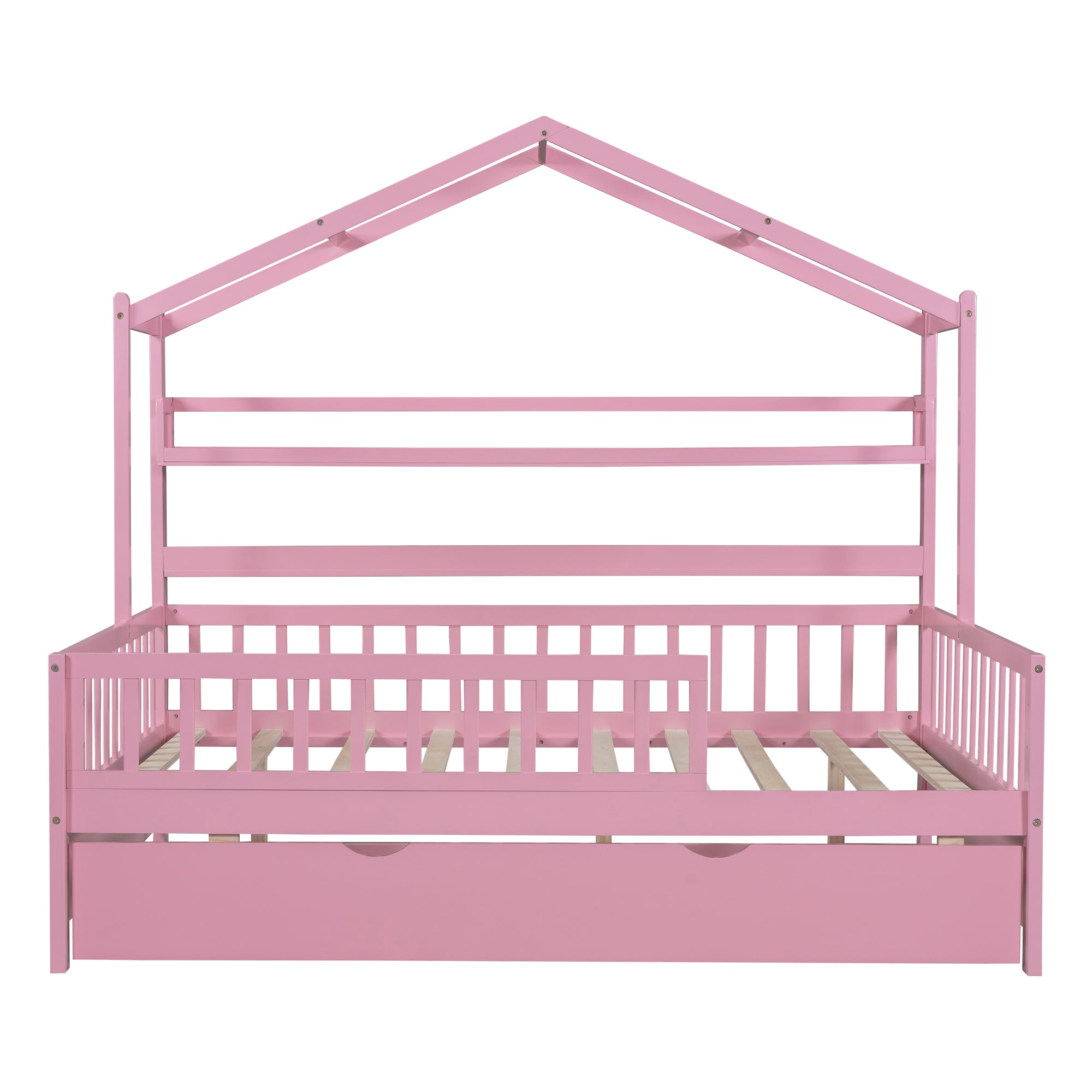 Wooden Full Size House Bed with Twin Size Trundle,Kids Bed with Shelf, Pink - Atlantic Fine Furniture Melbourne FL