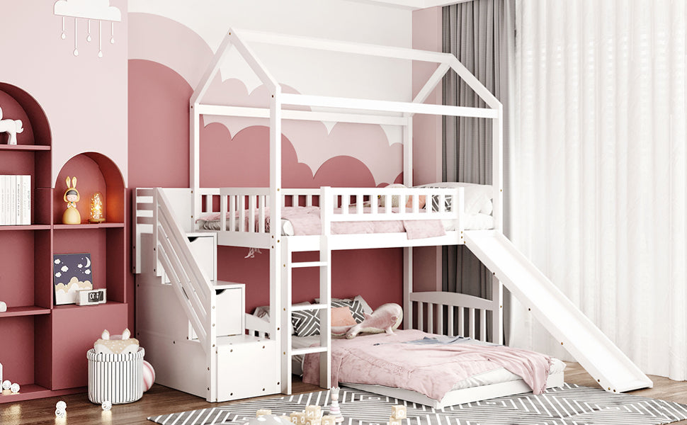 Twin Over Twin Bunk Bed with Two Drawers and Slide, House Bed with Slide, White(OLD SKU :LP000129AAK) - Atlantic Fine Furniture Melbourne FL