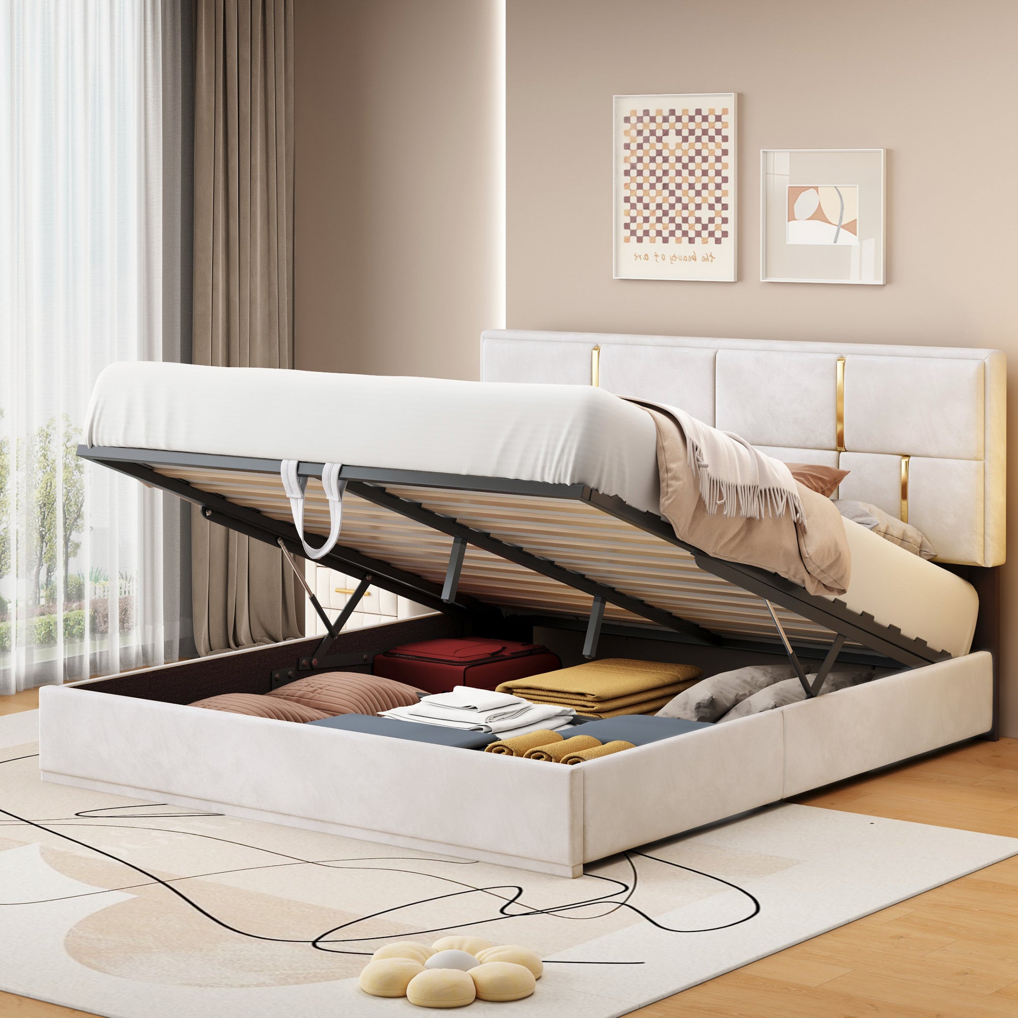 Queen Size Upholstered Platform Bed with Hydraulic Storage System,No Box Spring Needed,Beige - Atlantic Fine Furniture Melbourne FL