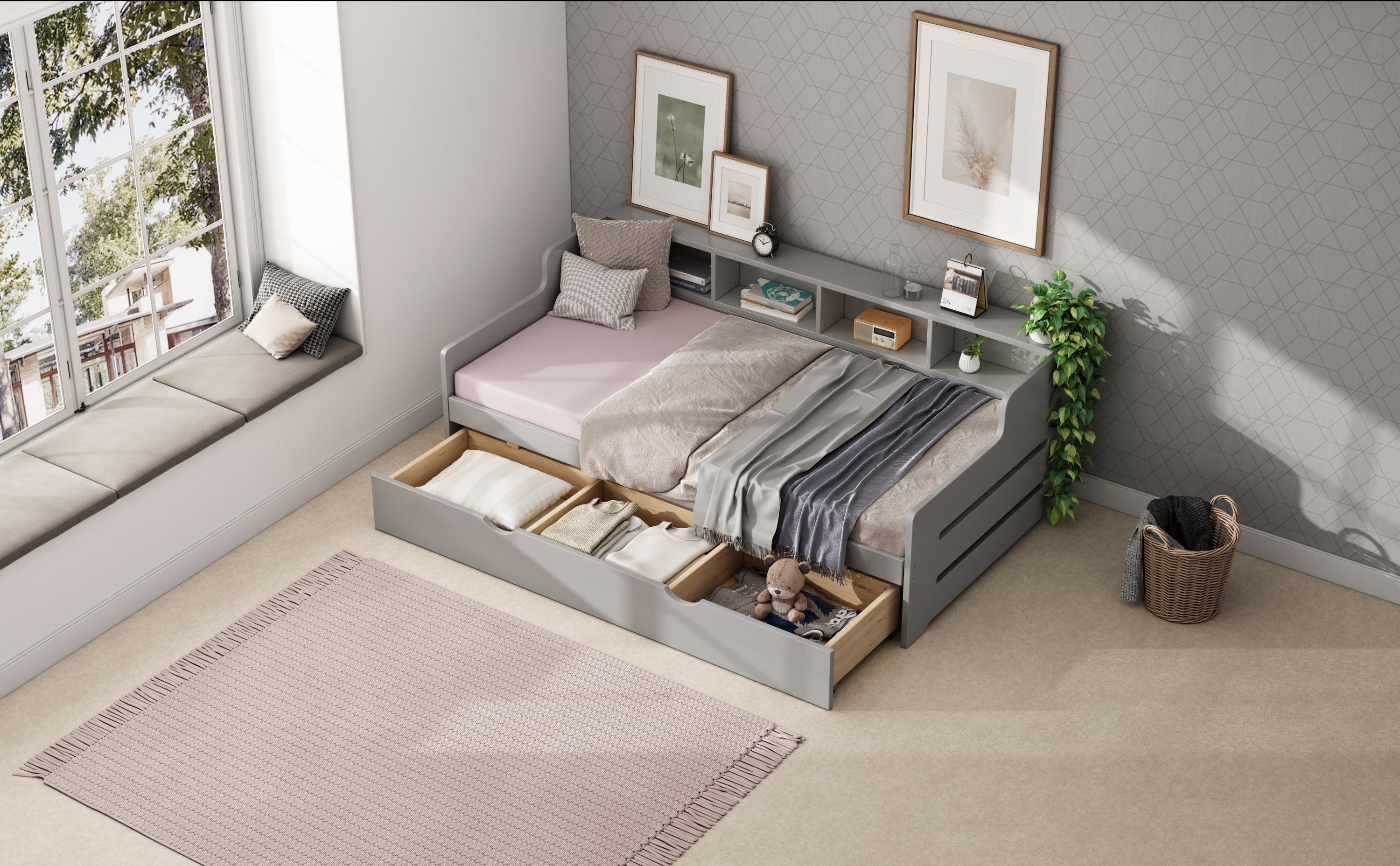 Twin Size Wooden Day Bed with 3 Trawers for Guest Room, Small Bedroom, Study Room, Gray - Atlantic Fine Furniture Melbourne FL