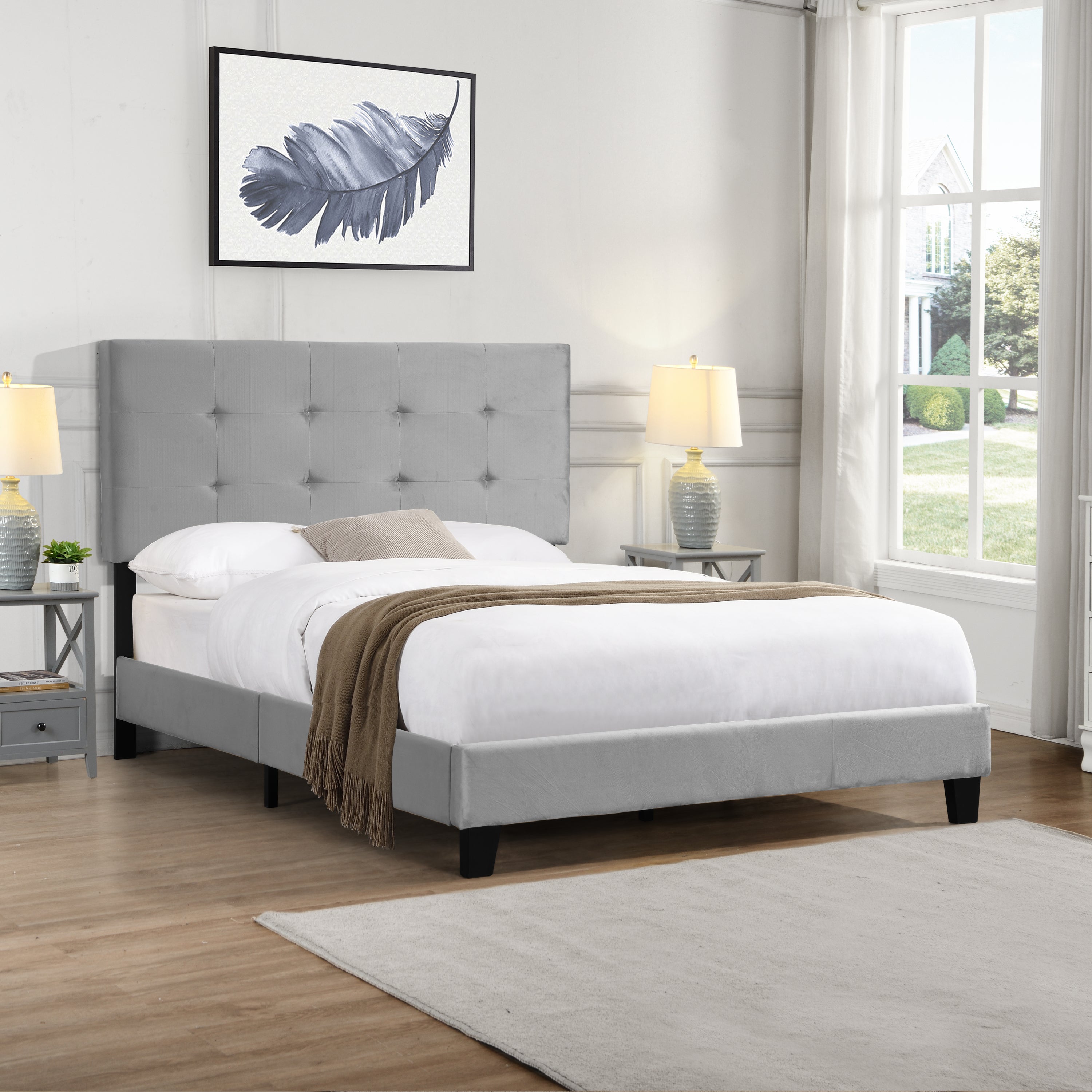 Full Size Upholstered  Platform Bed Frame with  pull point Tufted Headboard, Strong Wood Slat Support, Mattress Foundation, No Box Spring Needed, Easy Assembly,  Gray - Atlantic Fine Furniture Melbourne FL