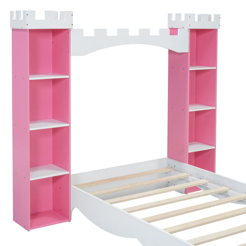 Castle Shaped Bed With Storage Shelf, Dreamy Platform Bed For Kids Bedroom