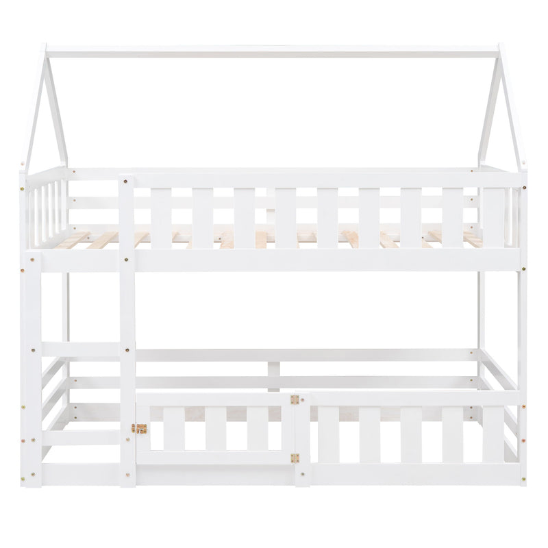 Twin Over Twin House Bunk Bed With Fence And Door - Gray