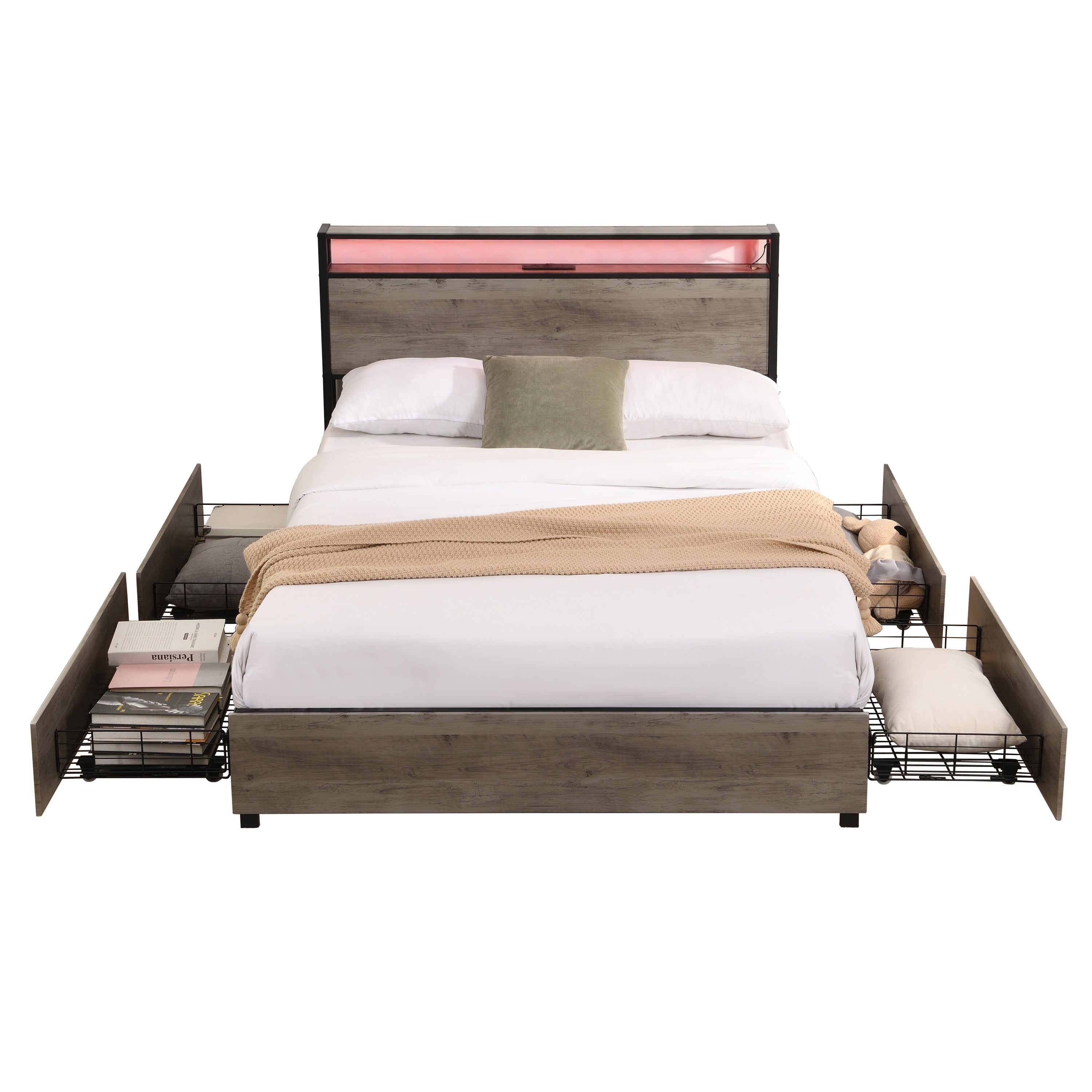 Full Bed Frame, Storage Headboard with Charging Station, Solid and Stable, Noise Free, No Box Spring Needed, Easy Assembly